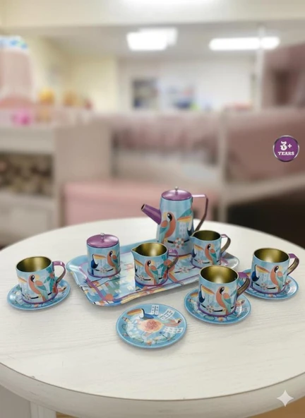 Metal 14 Parça Mavi Çantalı Eğitici Evcilik Oyuncak Çay Fincan Seti ürün görseli 1