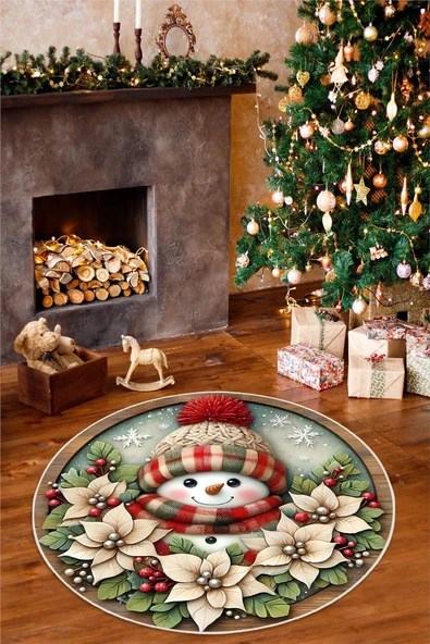 Kardan Adam Desenli Dijital Baskılı Yıkanabilir Kaymaz Taban Yuvarlak Halı 200 x 200 cm Çok Renkli ürün görseli 1