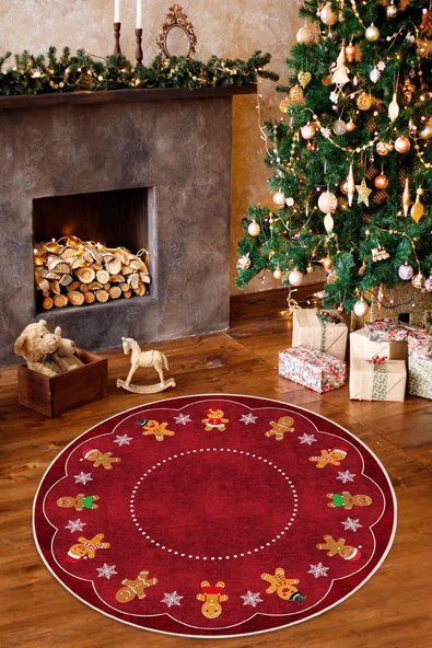Yılbaşı Konseptli Gingerbread Desenli Yuvarlak Yıkanabilir Kaymaz Dijital Baskı Halı 160 x 160 cm Kırmızı ürün görseli 1