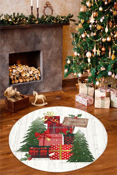 Yılbaşı Hediye Temalı Dijital Baskılı Kaymaz Taban Yıkanabilir Yuvarlak Halı 100 x 100 cm Beyaz ürün görseli 1