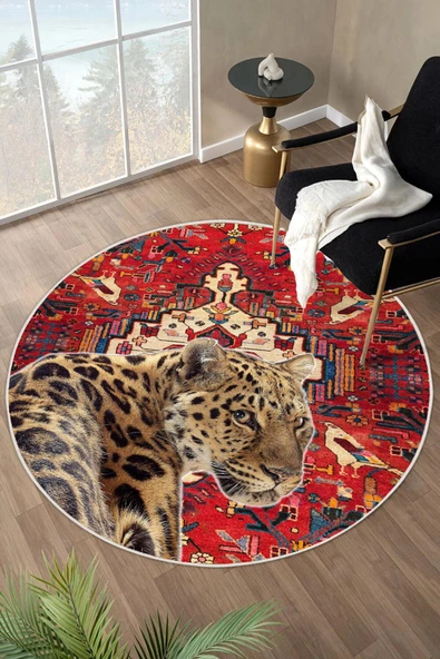 Bordo Etnik Desenli Leopar Figürlü Yıkanabilir Kaymaz Yuvarlak Halı  100 x 100 cm Bordo ürün görseli 1