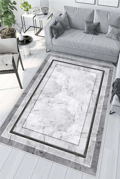 Gri Çerçeveli Mermer Desenli Dijital Baskılı Yıkanabilir Kaymaz Taban Halı 50 x 60 cm Gri ürün görseli 1
