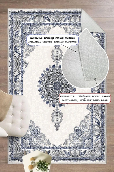 Klasik Çerçeve Desenli Dekoratif Lacivert Kaymaz Taban Yıkanabilir Halı 100 x 150 cm Lacivert - Resim 3