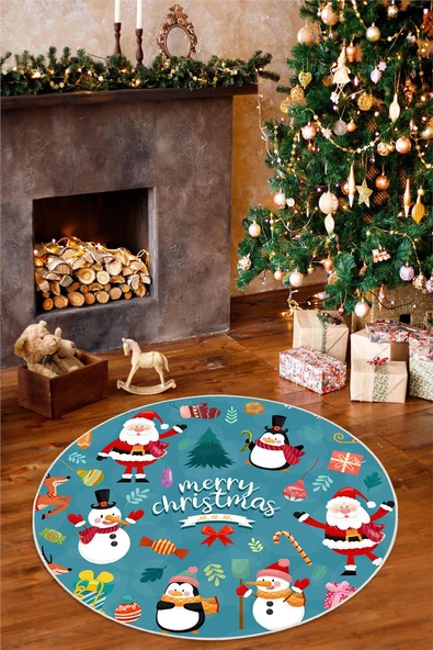 Dijital Baskılı Kaymaz Tabanlı Yıkanabilir Mavi Yuvarlak Noel Halısı 180 x 180 cm Mavi ürün görseli 1