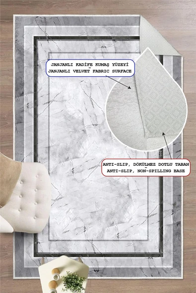 Gri Çerçeveli Mermer Desenli Dijital Baskılı Yıkanabilir Kaymaz Taban Halı 60 x 400 cm Gri - Resim 4