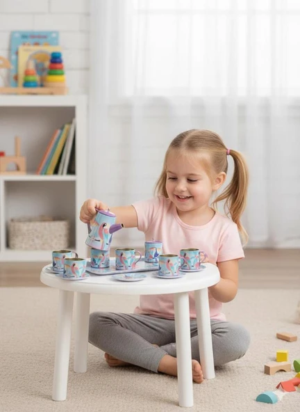 Metal 14 Parça Mavi Çantalı Eğitici Evcilik Oyuncak Çay Fincan Seti - Resim 2