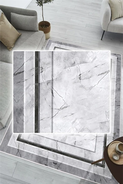 Gri Çerçeveli Mermer Desenli Dijital Baskılı Yıkanabilir Kaymaz Taban Halı 100 x 300 cm Gri - Resim 3