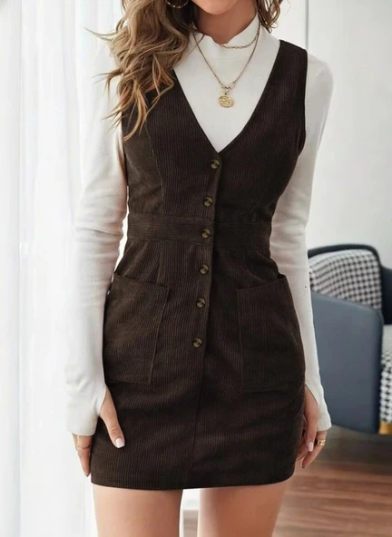MDB Kadın Askılı V Yakalı önden Düğmeli Mini Kalın Fitilli Kadife Elbise ürün görseli 1