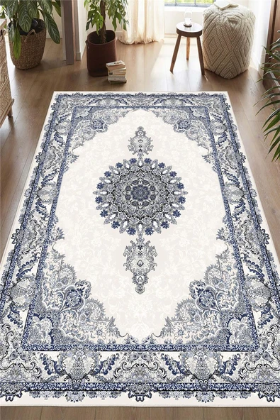Klasik Çerçeve Desenli Dekoratif Lacivert Kaymaz Taban Yıkanabilir Halı 160 x 250 cm Lacivert ürün görseli 1