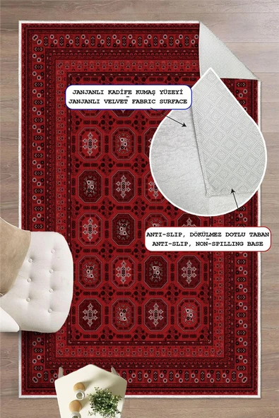 Bordo Afgan Desenli Dekoratif Kaymaz Taban Yıkanabilir Halı 100 x 150 cm Bordo - Resim 3