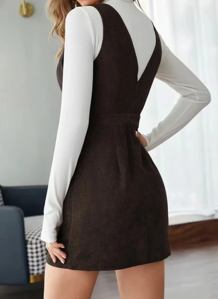 MDB Kadın Askılı V Yakalı önden Düğmeli Mini Kalın Fitilli Kadife Elbise - Resim 3