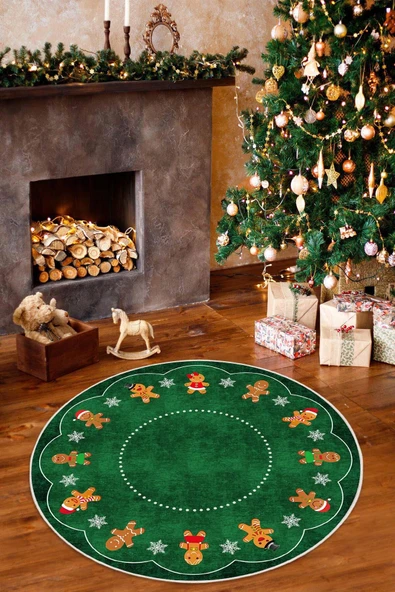 Yılbaşı Konseptli Gingerbread Desenli Yuvarlak Yıkanabilir Kaymaz Dijital Baskı Halı 100 x 100 cm Yeşil ürün görseli 1