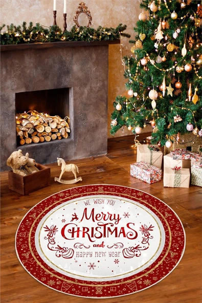 Dijital Baskılı Kaymaz Tabanlı Yıkanabilir Yuvarlak Kırmızı Merry Christmas Halısı 200 x 200 cm Kırmızı ürün görseli 1