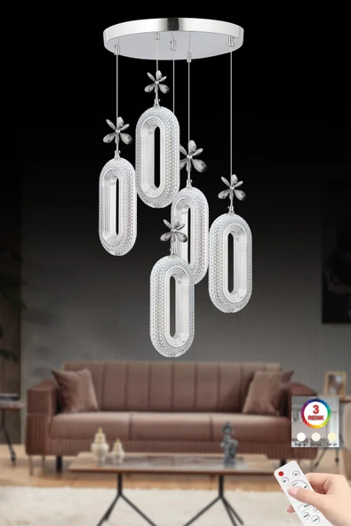 Marsel Lighting SERRA 5'li Gümüş 3 Renk Ledli Modern Led Avize salon oturma odası avize ürün görseli 1