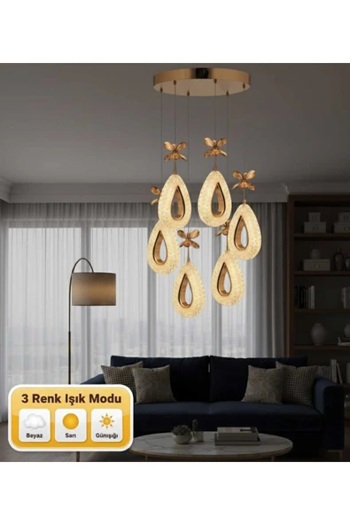 Marsel Lighting FRODO 6LI GOLD AVİZE 3 RENK LED ISIKLI SALON OTURMA ODASI AVİZE ürün görseli 1