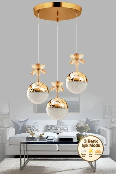 Marsel Lighting Venüs Model Gold Kaplama Salon Mutfak Oturma Odası 3 Renk Modu Led Modern Sarkıt Avize ürün görseli 1