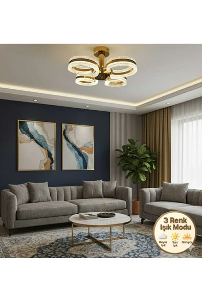 Marsel Lighting alya 4 kollu gold avize 3 renk led ısıklı salon oturma odası avize ürün görseli 1