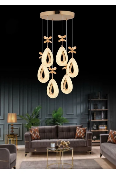 Marsel Lighting YAGMUR Model 6'li Gold 3 Renk Modu Ledli Modern Salon Mutfak Oturma Odası Led Avize ürün görseli 1