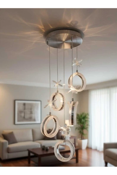 Marsel Lighting ALYA 5Lİ KROM AVİZE SALON OTURMA ODASI 3 RENK LED ISIKLI AVİZE ürün görseli 1