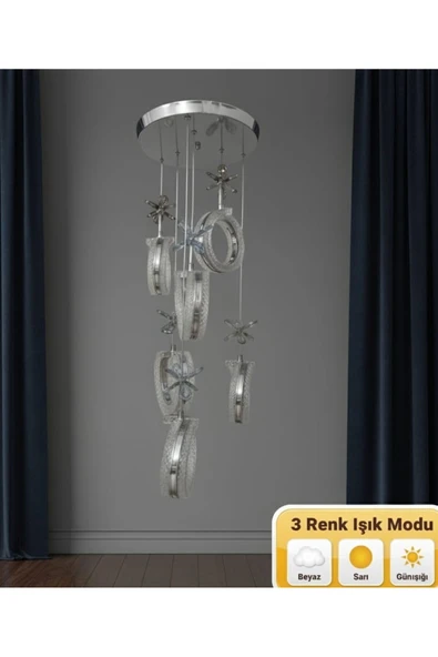 Marsel Lighting alya 6lı krom avize 3 renk led secenekli salon oturma odası avize ürün görseli 1