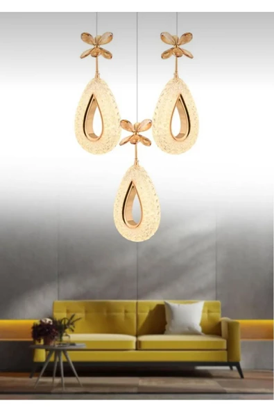Marsel Lighting YAGMUR Model 3'lü Gold 3 Renk Modu Ledli Modern Salon Mutfak Oturma Odası Led Avize - Resim 4