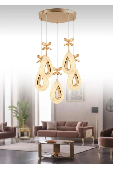 Marsel Lighting YAGMUR Model 5'li Gold 3 Renk Modu Ledli Modern Salon Mutfak Oturma Odası Led Avize ürün görseli 1