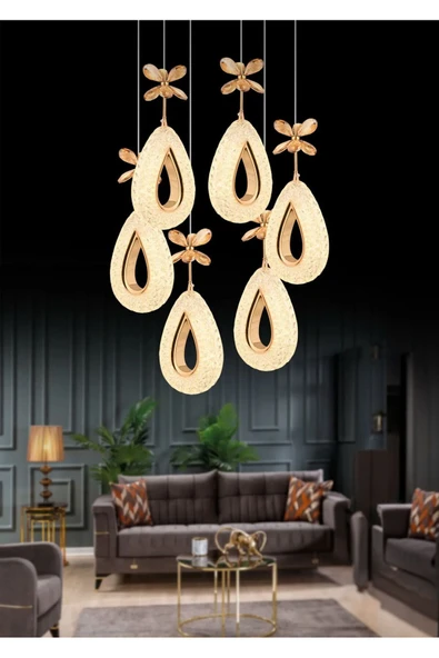 Marsel Lighting YAGMUR Model 6'li Gold 3 Renk Modu Ledli Modern Salon Mutfak Oturma Odası Led Avize - Resim 4