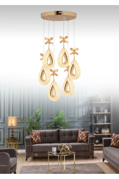 Marsel Lighting YAGMUR Model 6'li Gold 3 Renk Modu Ledli Modern Salon Mutfak Oturma Odası Led Avize - Resim 5