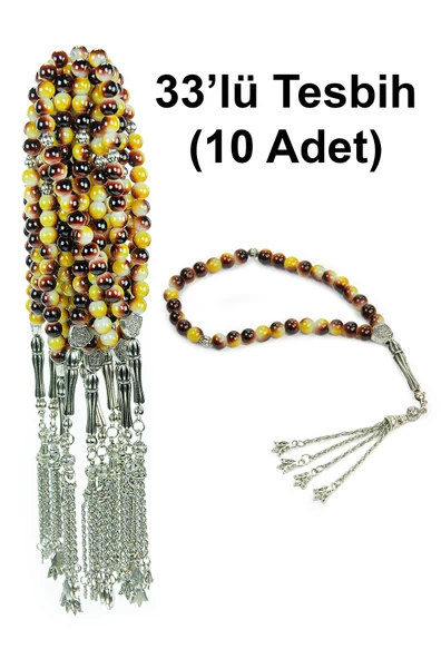 10 Adet 33lü Hac Umre Hediyelik Tesbih - Kahverengi Sarı ürün görseli 1
