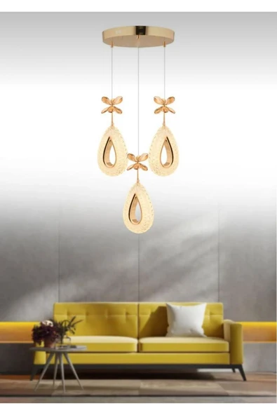 Marsel Lighting YAGMUR Model 3'lü Gold 3 Renk Modu Ledli Modern Salon Mutfak Oturma Odası Led Avize ürün görseli 1