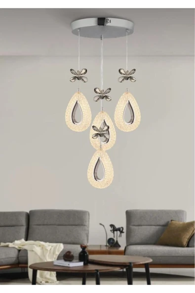 Marsel Lighting YAGMUR Model 4'lü Krom 3 Renk Modu Ledli Modern Salon Mutfak Oturma Odası Led Avize ürün görseli 1