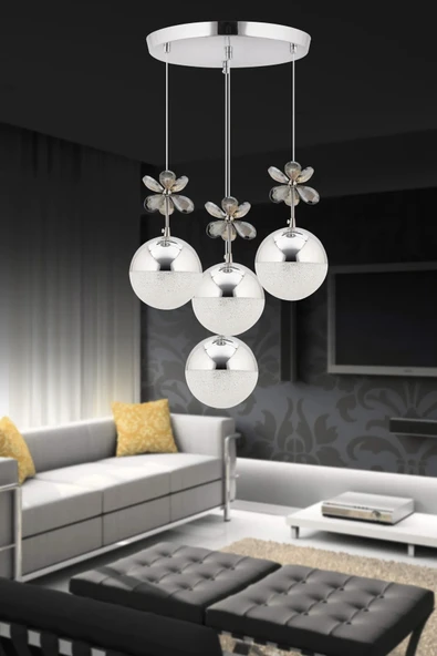 Marsel Lighting Kelebek 4'lü Krom Sarkıt 3 Renk Modu Ledli Kristal Taşlı Modern Led Avize - Resim 3