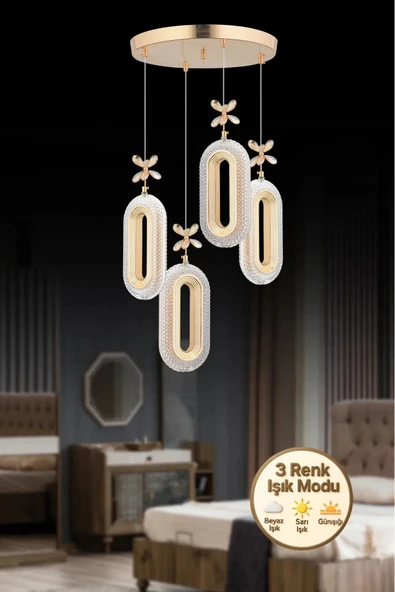 Marsel Lighting SERRA Model 4'lü Gold 3 Renk Modu Ledli Modern Salon Mutfak Oturma Odası Led Avize ürün görseli 1