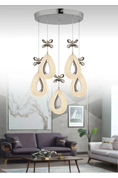 Marsel Lighting YAGMUR Model 5'li Krom 3 Renk Modu Ledli Modern Salon Mutfak Oturma Odası Led Avize ürün görseli 1