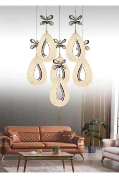 Marsel Lighting YAGMUR Model 6'lı Krom 3 Renk Modu Ledli Kristal Taşlı Modern Salon Mutfak Oturma Odası Led Avize - Resim 4