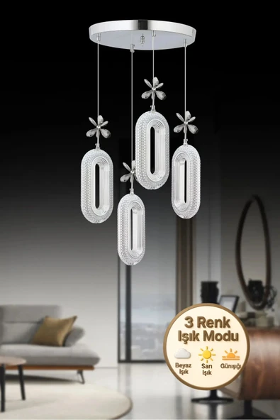 Marsel Lighting SERRA Model 4'lü krom 3 Renk Modu Ledli Modern Salon Mutfak Oturma Odası Led Avize ürün görseli 1
