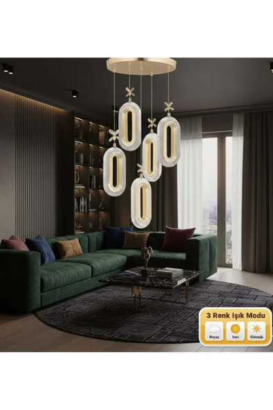 Marsel Lighting HERMONI 5Lİ GOLD AVİZE 3 RENK LED SECENEKLİ SALON OTURMA ODASI AVİZE - Resim 2