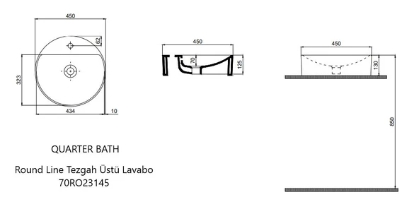 Tezgah Üstü Set Üstü Lavabo 45 Çap Delikli Yuvarlak Quarter Bath Round Line - Resim 2