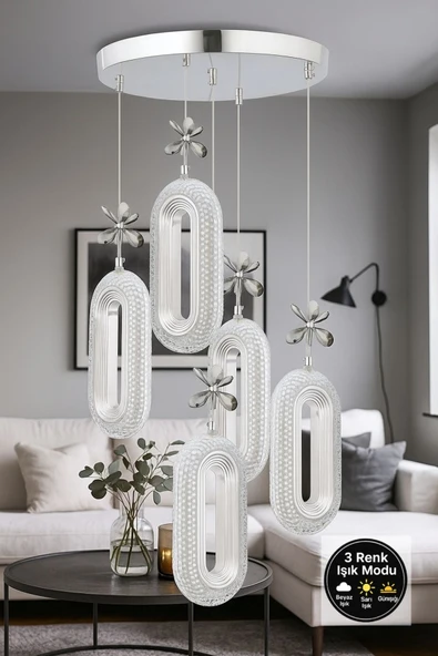 Marsel Lighting SERRA Model 5'li Krom3 Renk Modu Ledli Modern Salon Mutfak Oturma Odası Led Avize ürün görseli 1