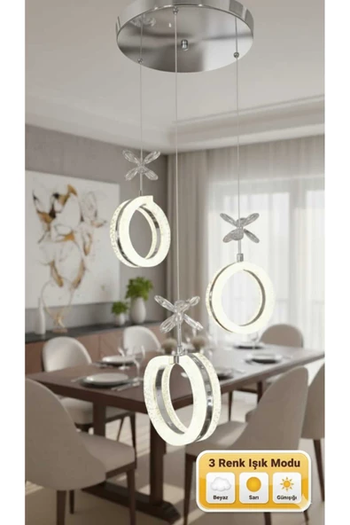 Marsel Lighting ALYA 3LÜ KROM 3 RENK LED SECENEKLİ SALON OTURMA ODASI AVİZE ürün görseli 1