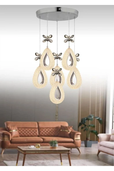 Marsel Lighting YAGMUR Model 6'lı Krom 3 Renk Modu Ledli Kristal Taşlı Modern Salon Mutfak Oturma Odası Led Avize ürün görseli 1