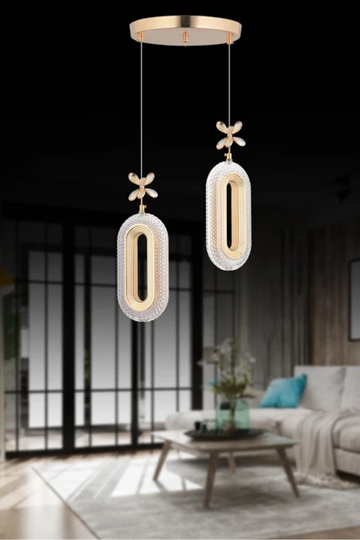 Marsel Lighting SERRA Model 2'li Gold 3 Renk Modu Ledli Modern Salon Mutfak Oturma Odası Led Avize ürün görseli 1