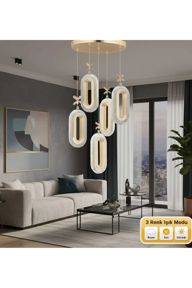 Marsel Lighting HERMONI 5Lİ GOLD AVİZE 3 RENK LED SECENEKLİ SALON OTURMA ODASI AVİZE ürün görseli 1