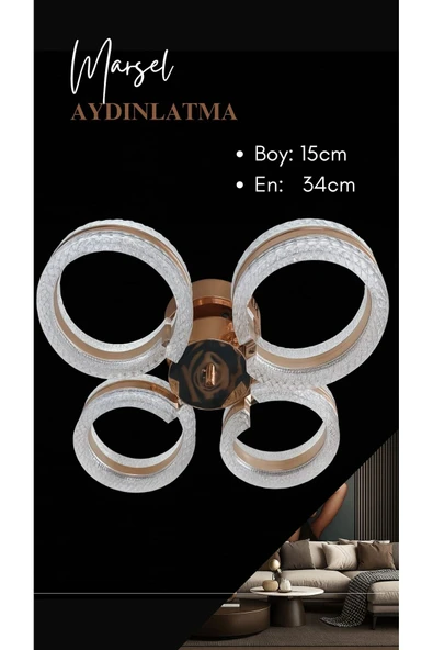 Marsel Lighting ALYA 4LÜ GOLD PLAFONYER 3 RENK LED SECEKLI KUMANDALI SALON OTURMA ODASI AVİZE - Resim 2