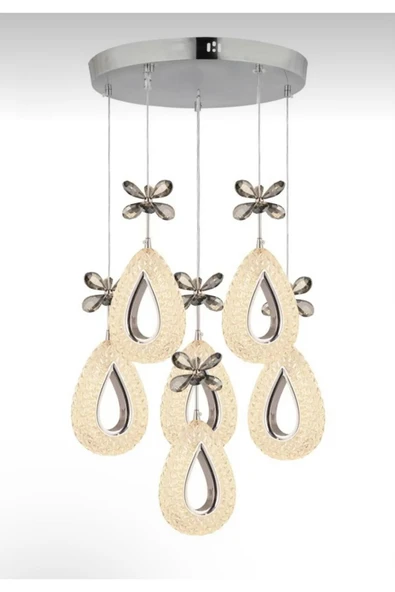 Marsel Lighting YAGMUR Model 6'lı Krom 3 Renk Modu Ledli Kristal Taşlı Modern Salon Mutfak Oturma Odası Led Avize - Resim 2