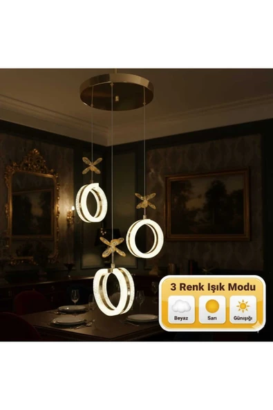 Marsel Lighting ALYA 3LÜ GOLD AVİZE 3 RENK LED SECENEKLİ SALON OTURMA ODASI AVİZE - Resim 2