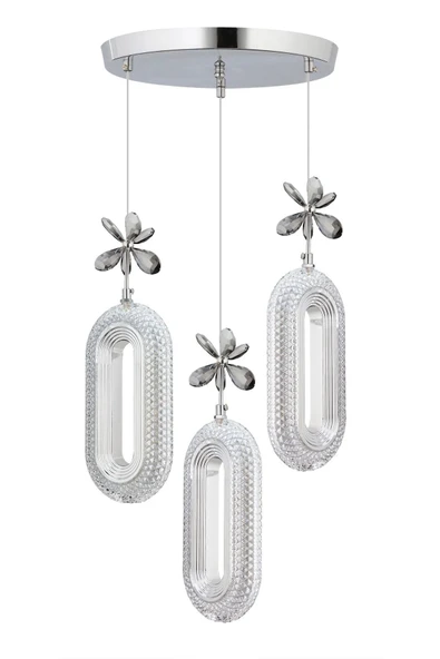 Marsel Lighting SERRA Model 3'lü Krom 3 Renk Modu Ledli Kristal Taşlı Modern Salon Mutfak Oturma Odası Led Avize - Resim 2