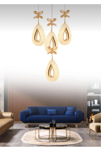 Marsel Lighting YAGMUR Model 4'lü Gold 3 Renk Modu Ledli Modern Salon Mutfak Oturma Odası Led Avize - Resim 2