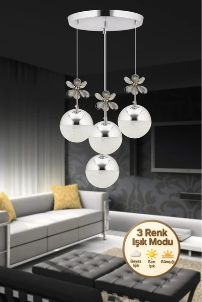 Marsel Lighting Kelebek 4'lü Krom Sarkıt 3 Renk Modu Ledli Kristal Taşlı Modern Led Avize ürün görseli 1