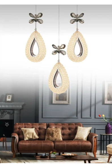 Marsel Lighting YAGMUR Model 3'lü Krom 3 Renk Modu Ledli Modern Salon Mutfak Oturma Odası Led Avize - Resim 3